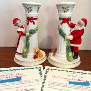 1992 Vintage Danbury Mint "Santa & Mrs Claus" Christmas Candlesticks Holders